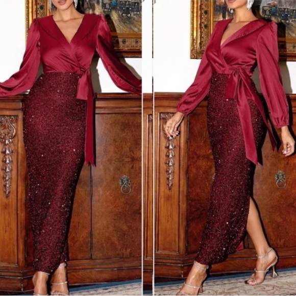 Luxe Sequin Holiday Party Evening Formal SatinDress - Picture 4 of 9